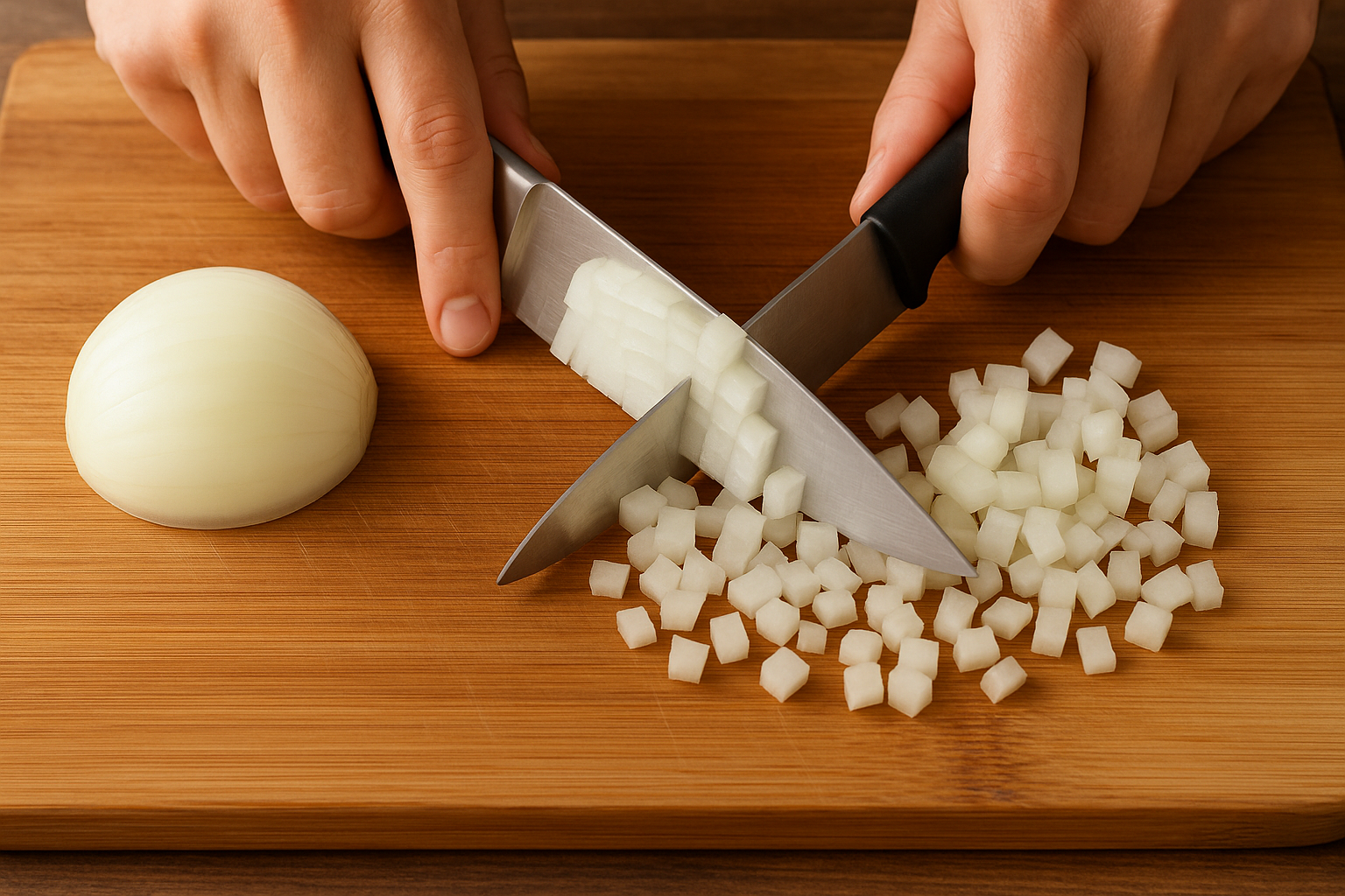 cortando cebolas em cubos