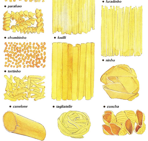 parafuso, furadinho, chumbinho, fusilli, tortinho, ninho, canelone, tagliatelle, concha
