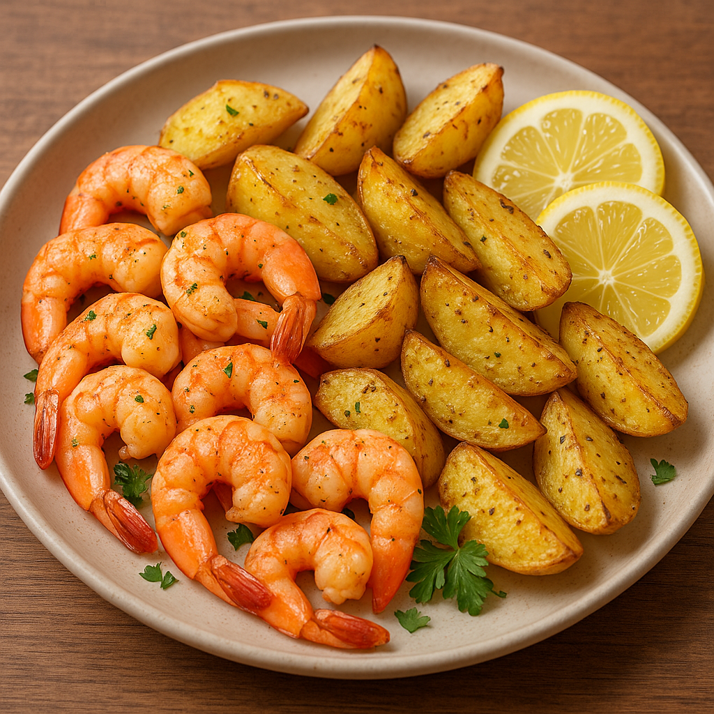 prato de camarões com batata e limão